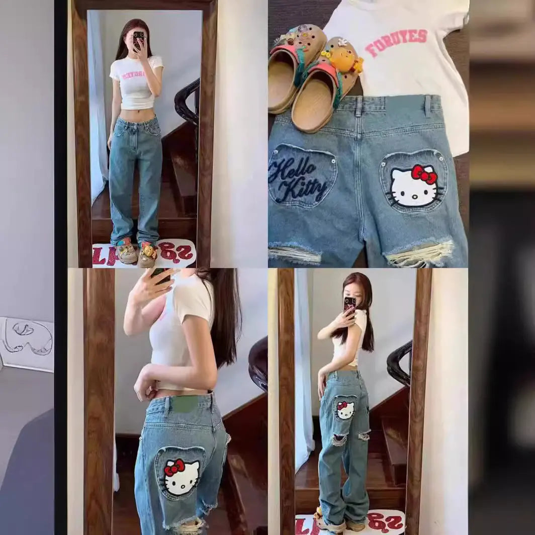 Hello Kitty Embroidered Ripped Wide-Leg Jeans for Women