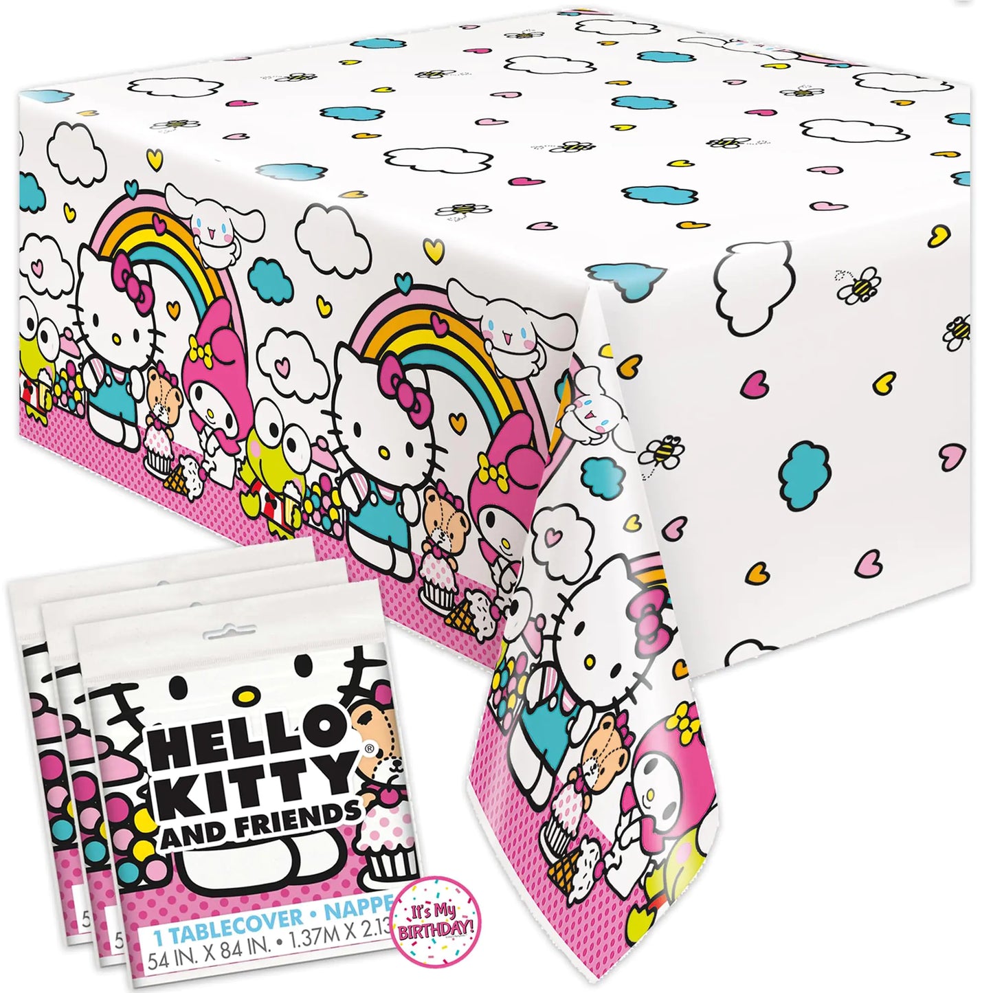 Unique Hello Kitty Birthday Decorations - Rectangular Plastic Hello Kitty Tablecloths (Pack of 3) & Sticker (1)