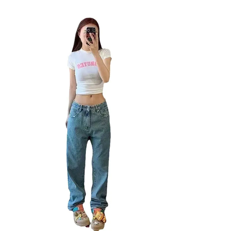 Hello Kitty Embroidered Ripped Wide-Leg Jeans for Women