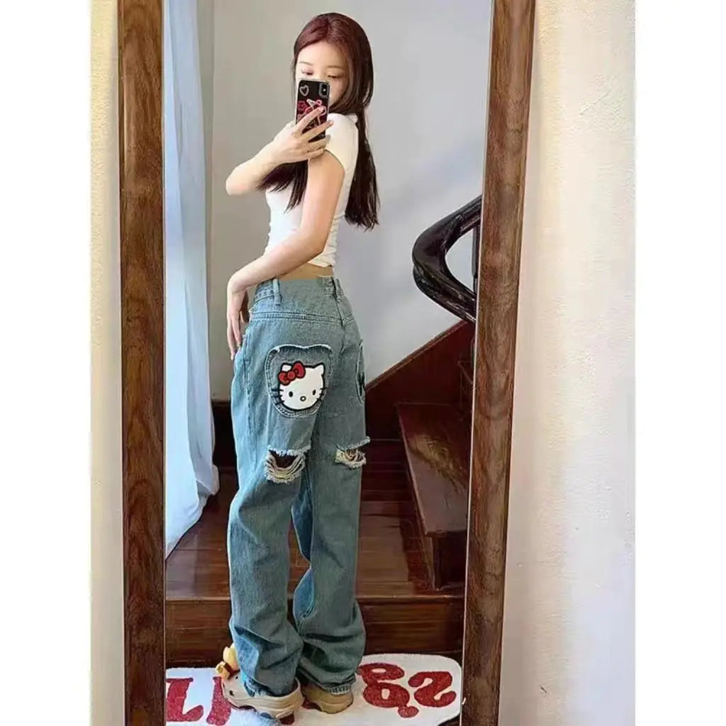 Hello Kitty Embroidered Ripped Wide-Leg Jeans for Women