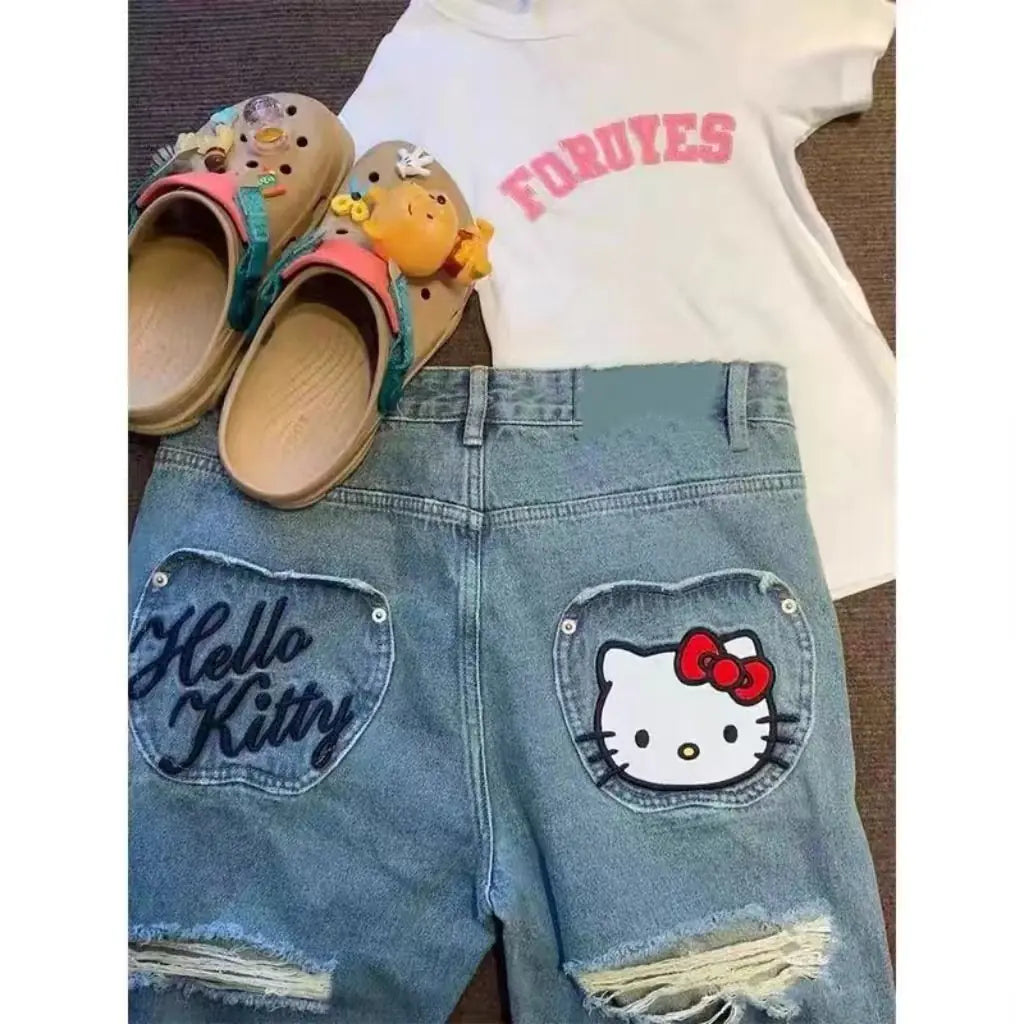 Hello Kitty Embroidered Ripped Wide-Leg Jeans for Women